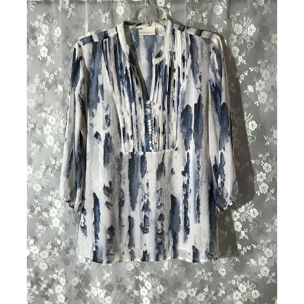 Chico's Blue & White Blouse Plus Size 1X Office Boho 3/4 Sleeve Feminine Top